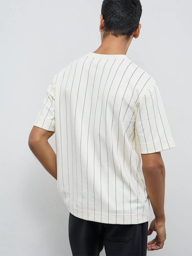 Studiofit Off-White Striped Pattern Relaxed-Fit Cotton-Blend T-Shirt - Image 5