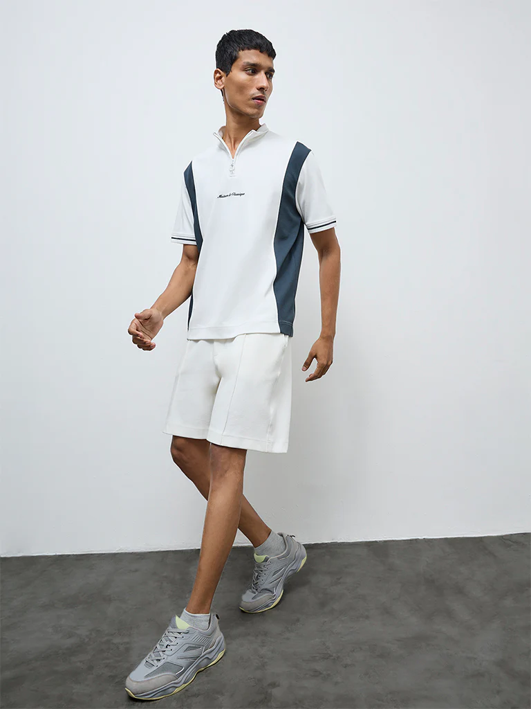 Studiofit Off-White Text Design Quarter-Zip Slim-Fit Cotton-Blend T-Shirt