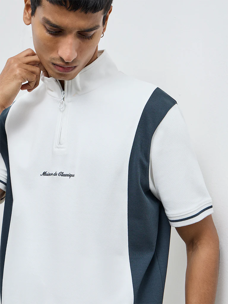 Studiofit Off-White Text Design Quarter-Zip Slim-Fit Cotton-Blend T-Shirt - Image 4