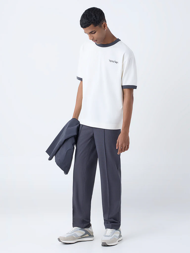 Studiofit Off-White Text Printed Relaxed-Fit Cotton-Blend T-Shirt - Image 2