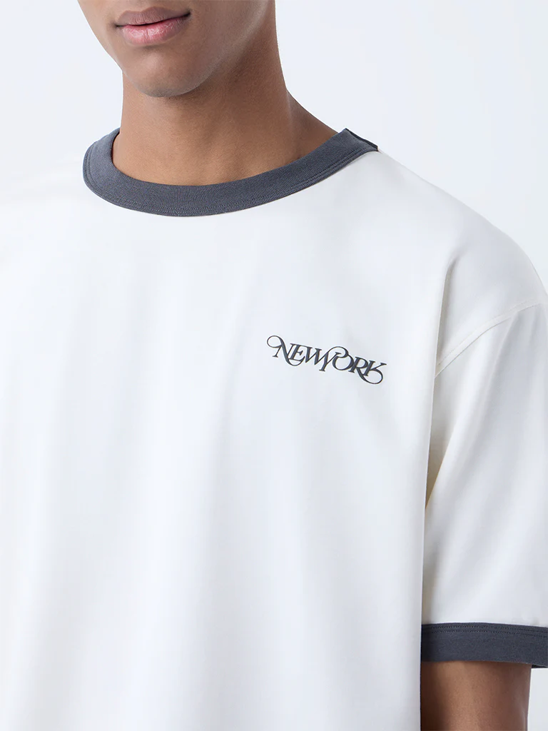 Studiofit Off-White Text Printed Relaxed-Fit Cotton-Blend T-Shirt - Image 3