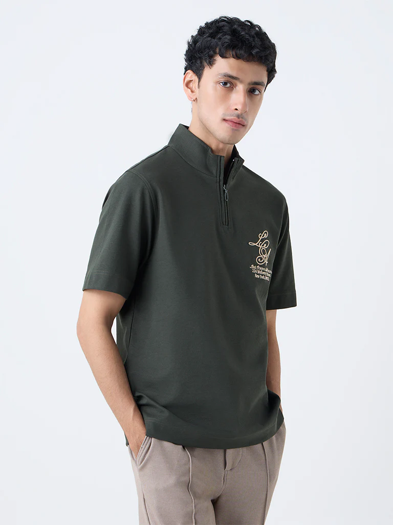 Studiofit Olive Relaxed-Fit Quarter-Zip T-Shirt