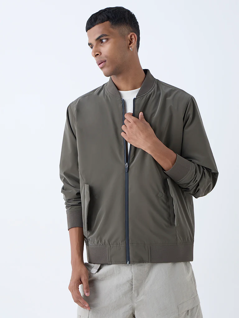Studiofit Olive Solid Relaxed-Fit Bomber Jacket - Image 3