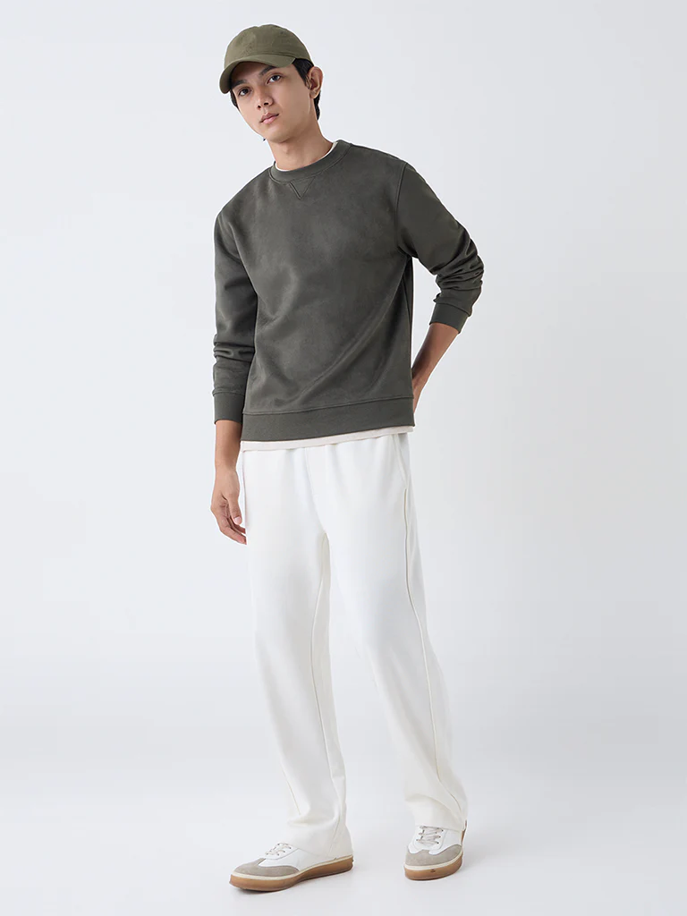Studiofit Olive Solid Relaxed-Fit Suede Sweatshirt - Image 3
