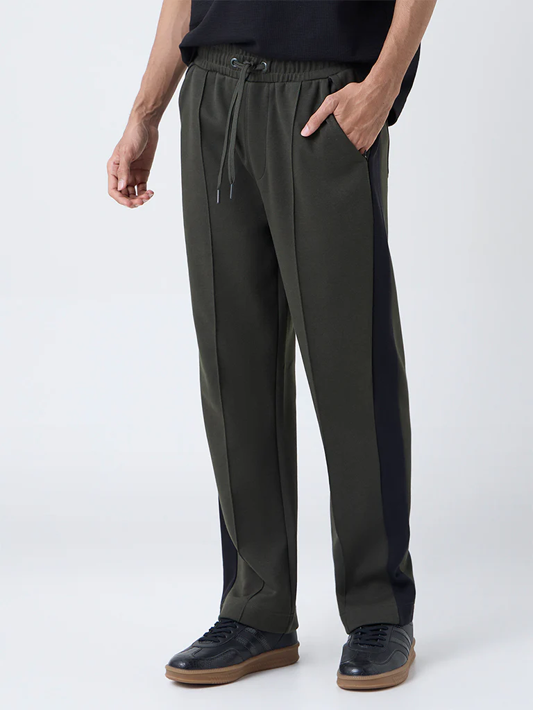 Studiofit Olive Striped Relaxed-Fit Mid-Rise Track Pants - Image 3