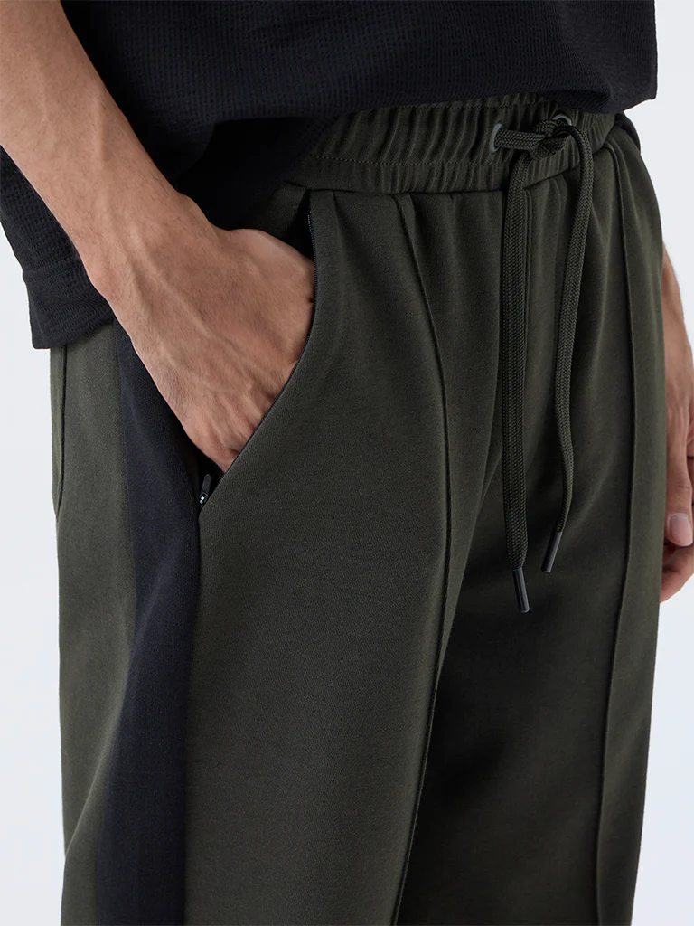 Studiofit Olive Striped Relaxed-Fit Mid-Rise Track Pants - Image 4