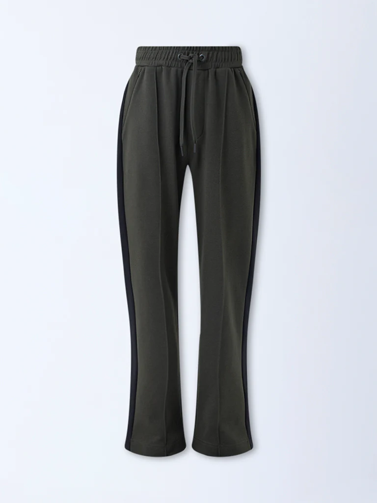 Studiofit Olive Striped Relaxed-Fit Mid-Rise Track Pants - Image 6