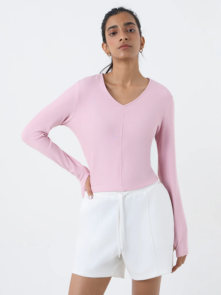Studiofit Pink Ribbed-Textured T-Shirt