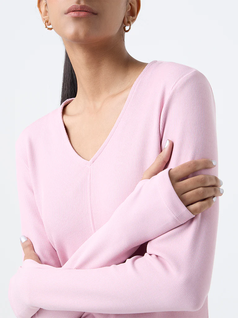 Studiofit Pink Ribbed-Textured T-Shirt - Image 3