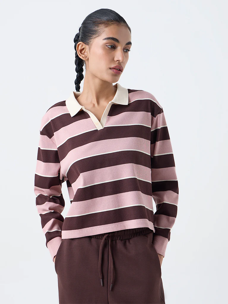 Studiofit Pink Striped Cotton-Blend T-Shirt