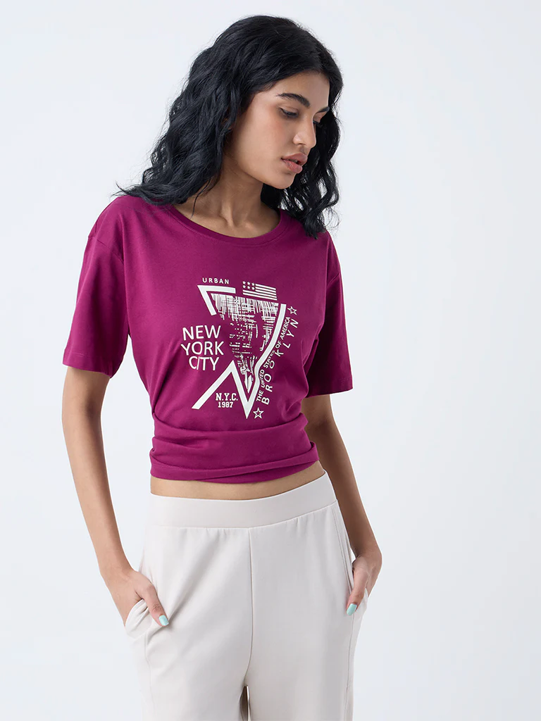Studiofit Plum Cityscape-Inspired Cotton T-Shirt - Image 2