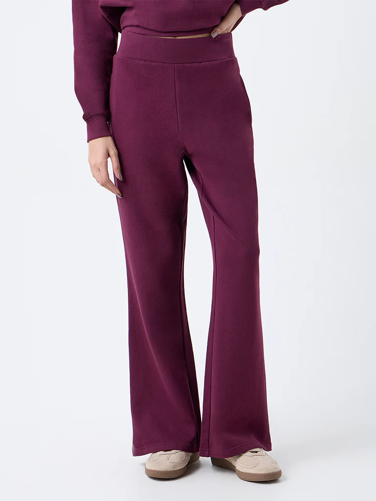 Studiofit Plum Solid High-Rise Cotton Pants - Image 2