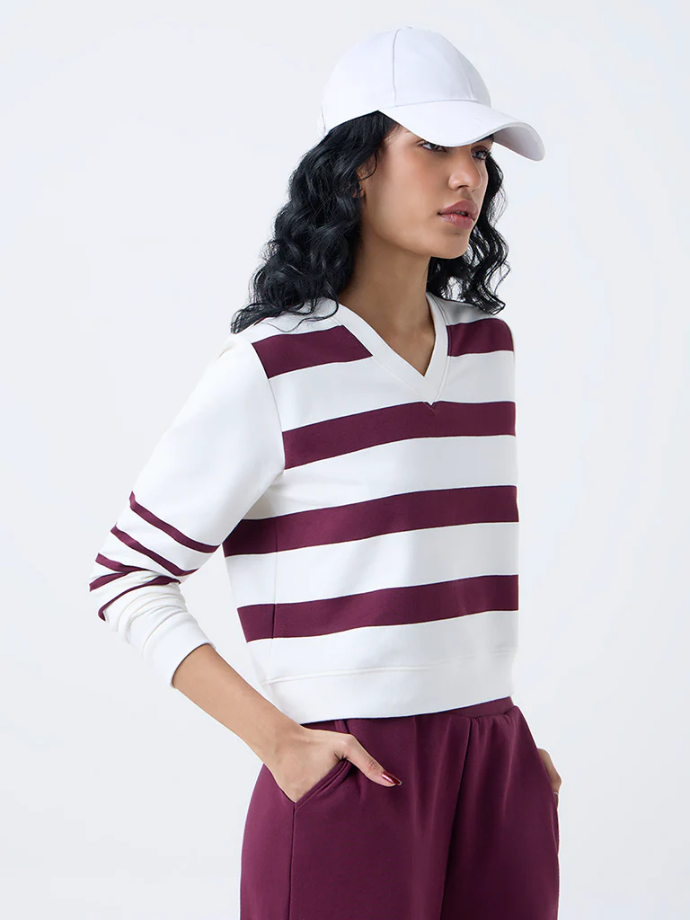 Studiofit Plum Striped Cotton-Blend T-Shirt - Image 2