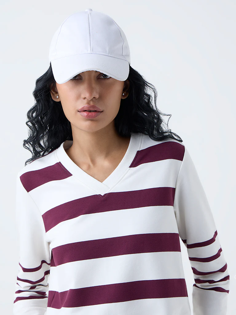 Studiofit Plum Striped Cotton-Blend T-Shirt - Image 3