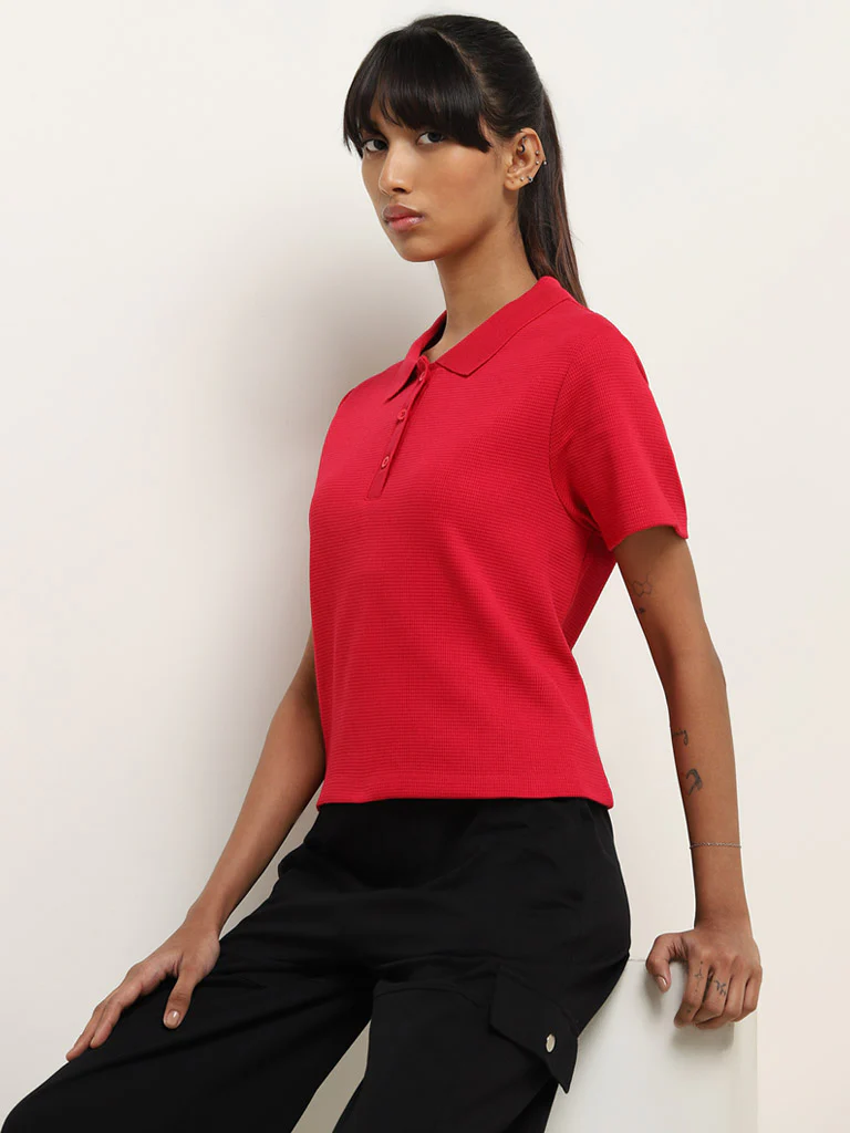 Studiofit Red Ribbed Textured Cotton T-Shirt - Image 3