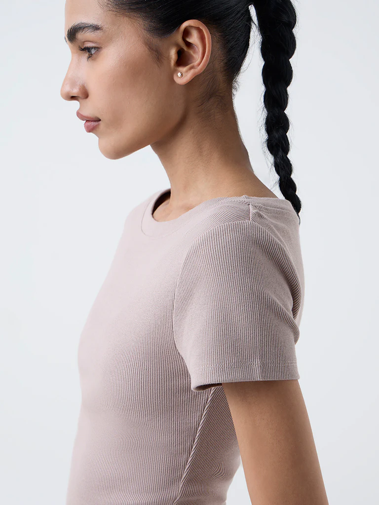Studiofit Taupe Ribbed-Textured Cotton-Blend T-Shirt - Image 3