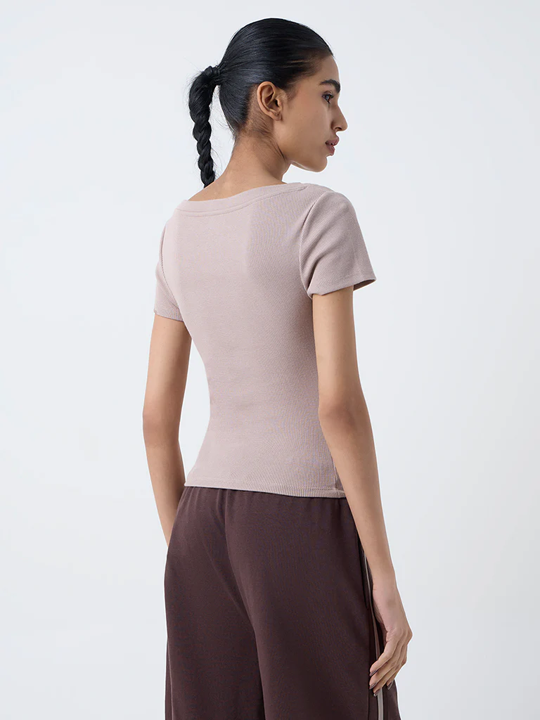 Studiofit Taupe Ribbed-Textured Cotton-Blend T-Shirt - Image 4