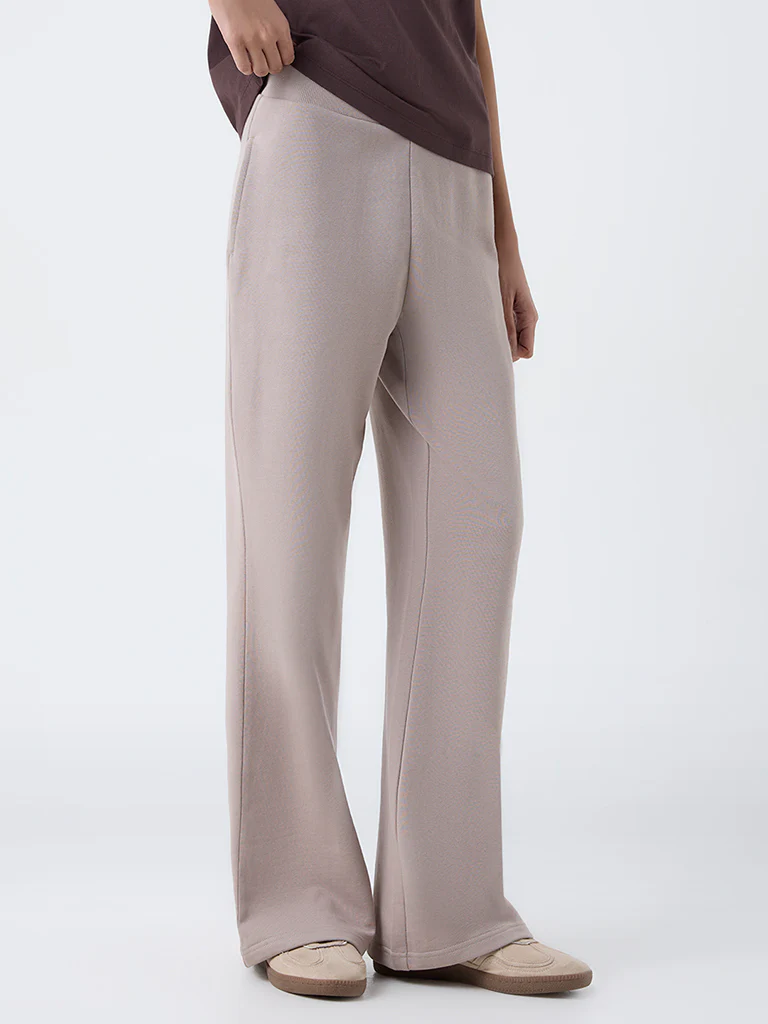 Studiofit Taupe Solid High-Rise Cotton Pants - Image 2