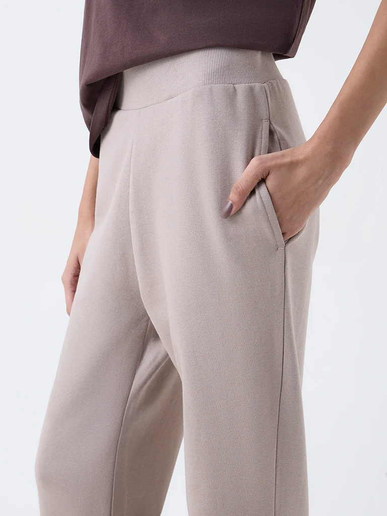 Studiofit Taupe Solid High-Rise Cotton Pants - Image 3