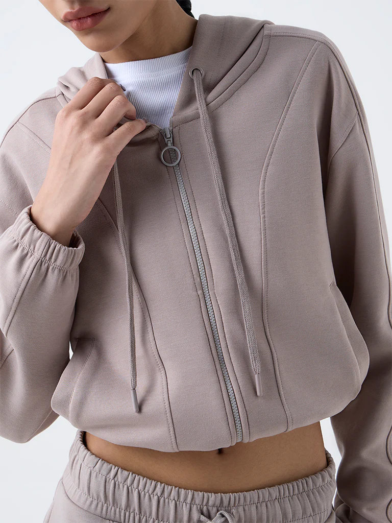 Studiofit Taupe Solid Hooded Jacket - Image 3