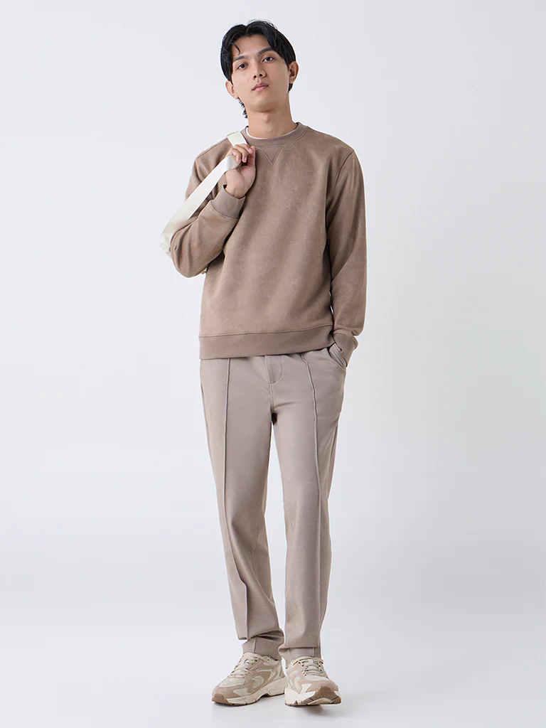 Studiofit Taupe Solid Relaxed-Fit Suede Sweatshirt - Image 3