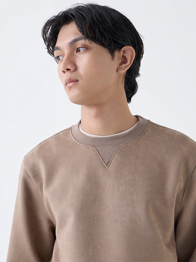 Studiofit Taupe Solid Relaxed-Fit Suede Sweatshirt - Image 4