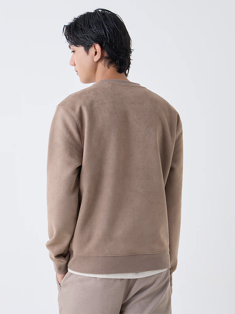 Studiofit Taupe Solid Relaxed-Fit Suede Sweatshirt - Image 5