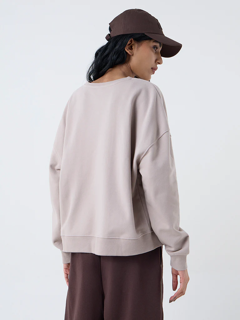 Studiofit Taupe Text Design Cotton-Blend Sweatshirt - Image 4