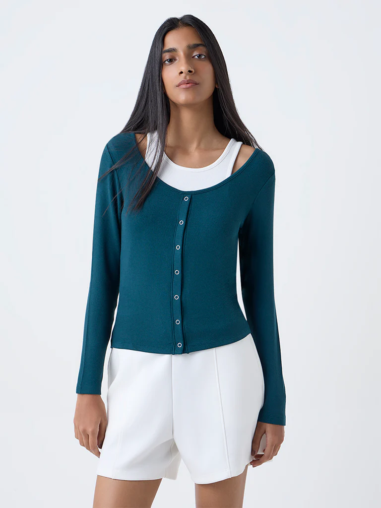 Studiofit Teal Ribbed-Textured Top - Image 2