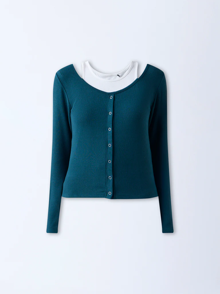 Studiofit Teal Ribbed-Textured Top - Image 5