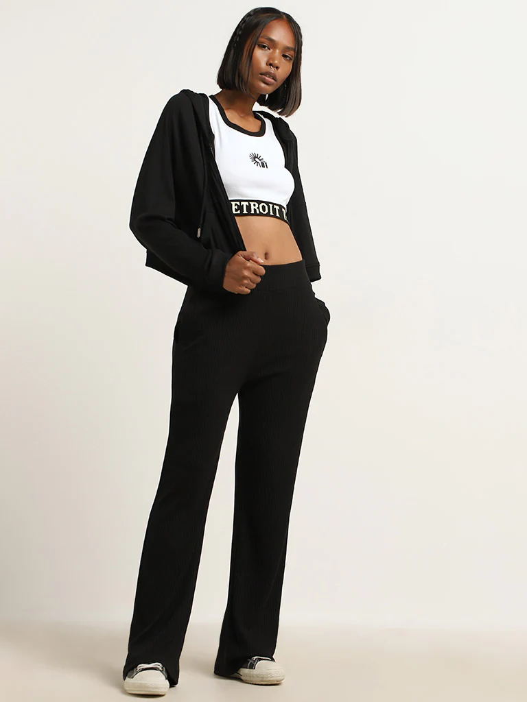 Studiofit White and Black Text Printed Cotton-Blend Crop Top - Image 3