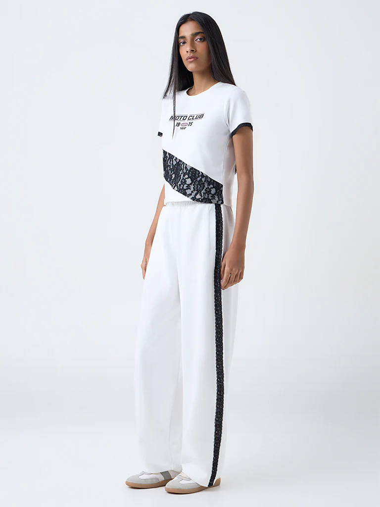 Studiofit White Lace-Detailed High-Rise Pants