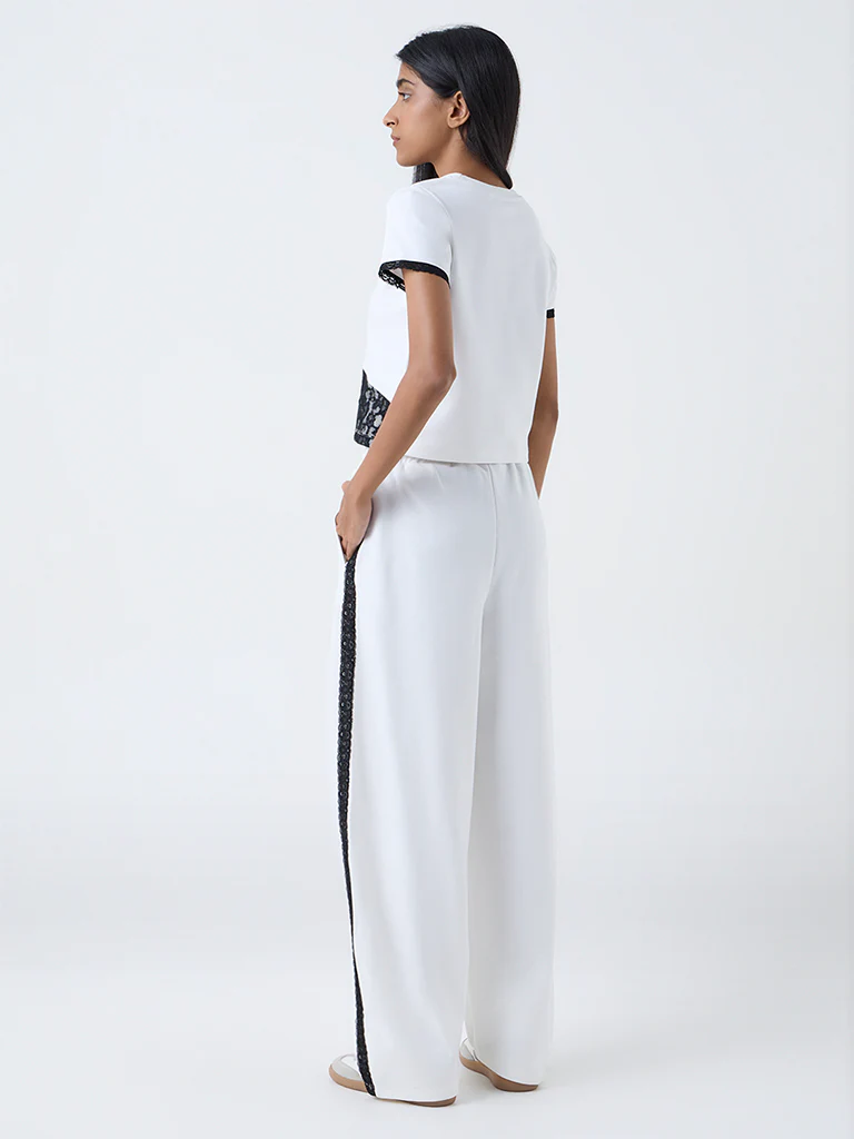 Studiofit White Lace-Detailed High-Rise Pants - Image 4