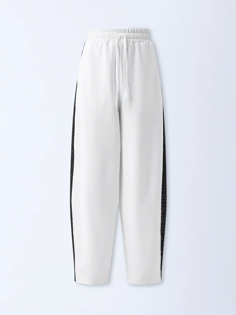 Studiofit White Lace-Detailed High-Rise Pants - Image 5