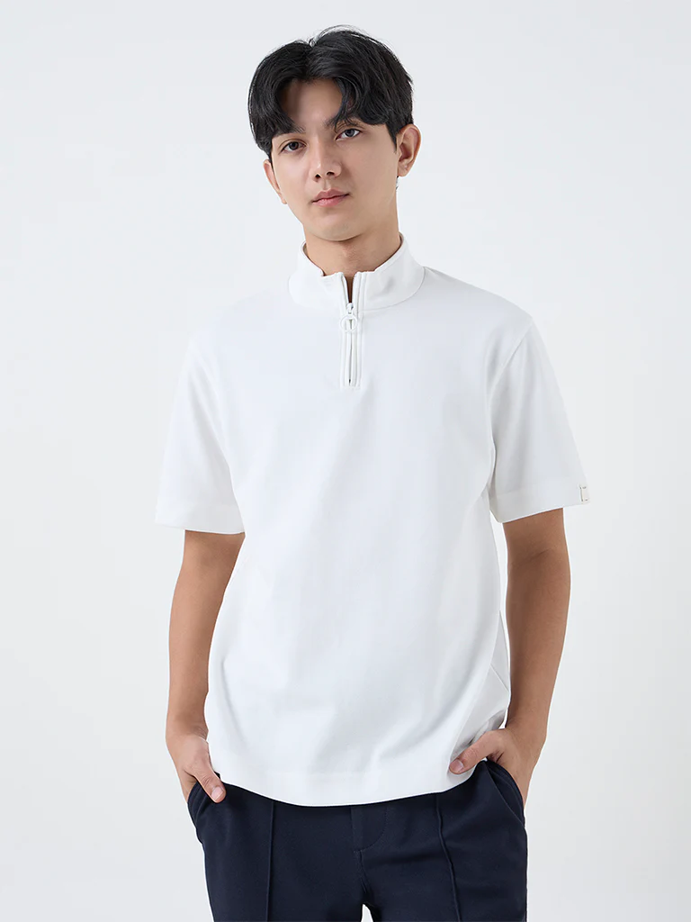 Studiofit White Slim-Fit Quarter-Zip T-Shirt