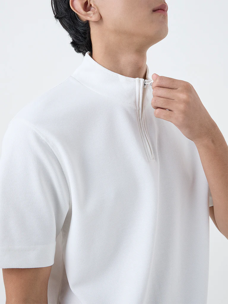 Studiofit White Slim-Fit Quarter-Zip T-Shirt - Image 4