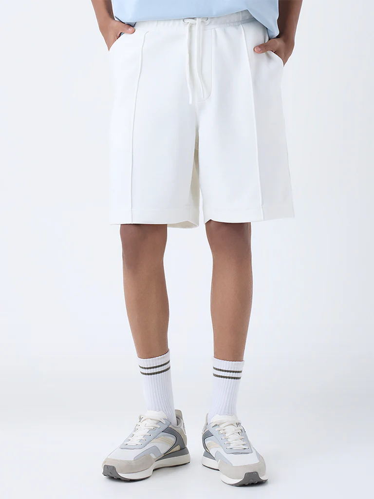 Studiofit White Solid Relaxed-Fit Mid-Rise Cotton-Blend Shorts - Image 3