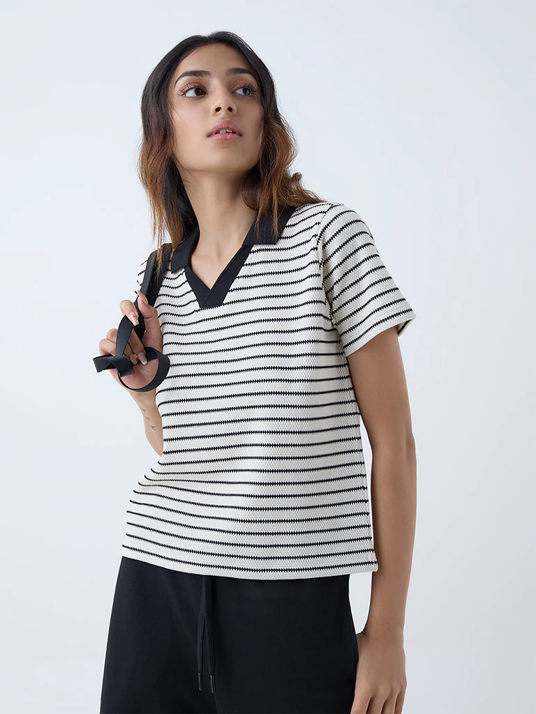 Studiofit White Striped Cotton-Blend T-Shirt - Image 2