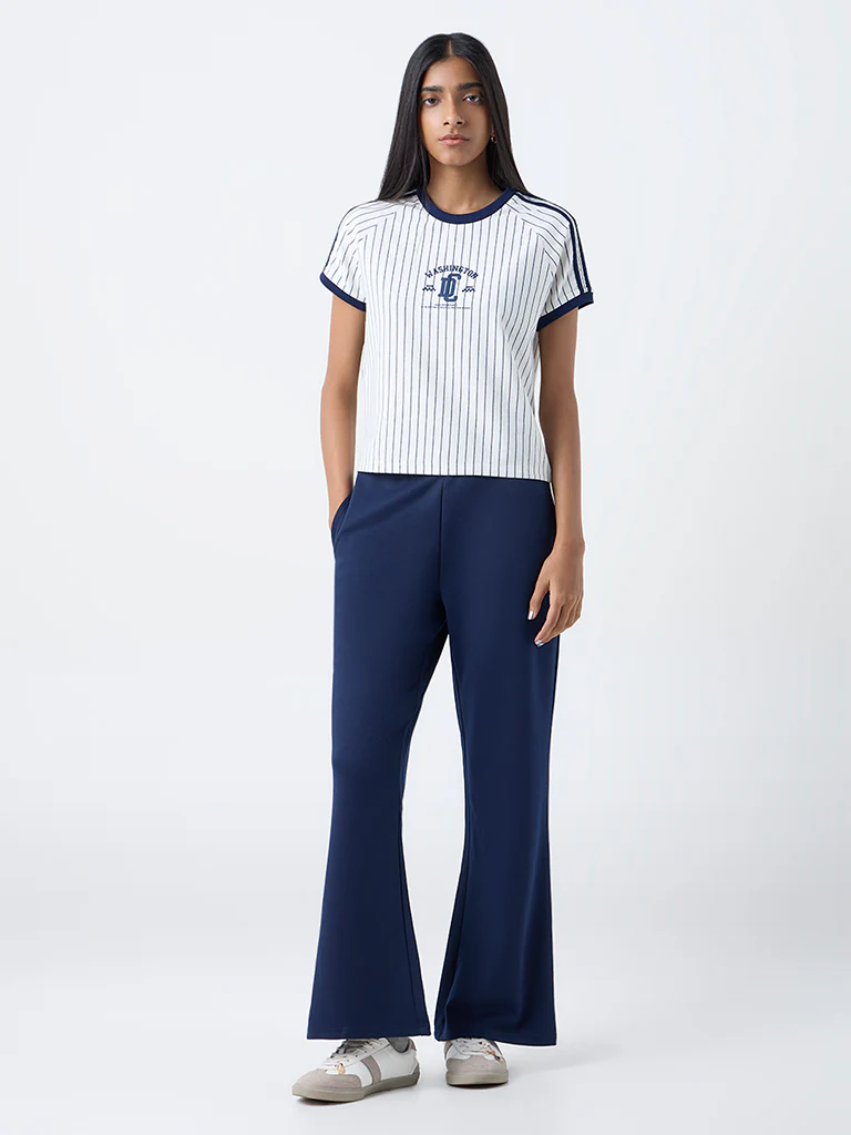 Studiofit White Striped Cotton-Blend T-Shirt