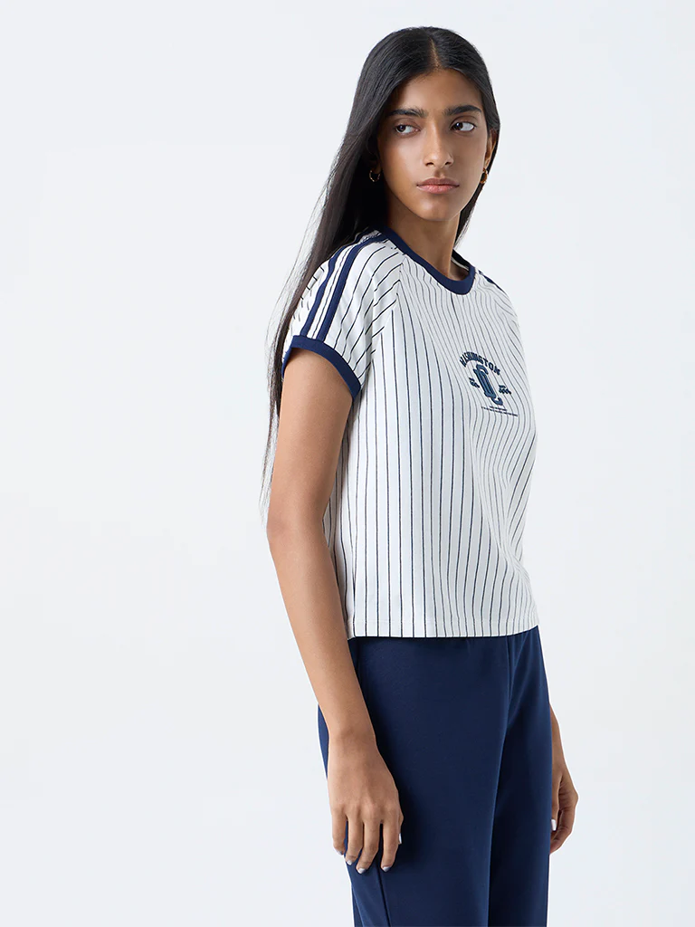 Studiofit White Striped Cotton-Blend T-Shirt - Image 2