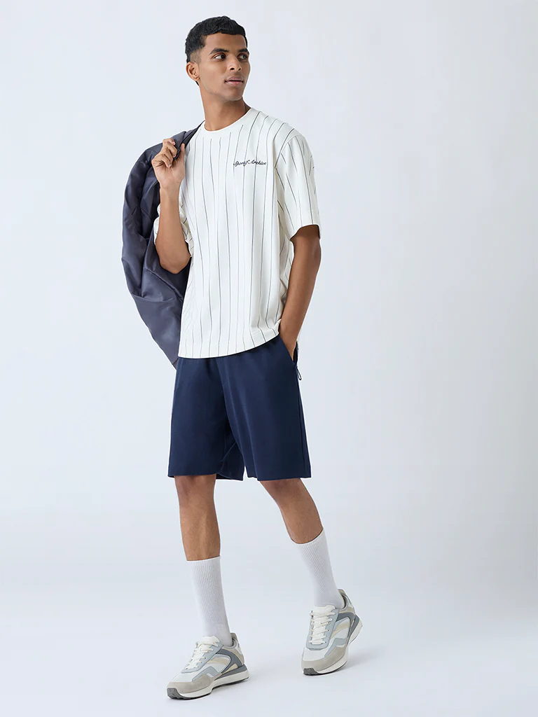 Studiofit White Striped Relaxed-Fit Cotton-Blend T-Shirt - Image 3