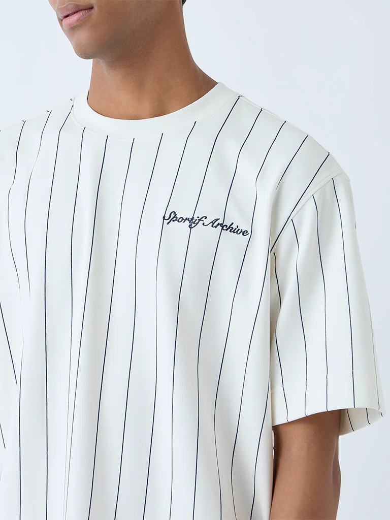 Studiofit White Striped Relaxed-Fit Cotton-Blend T-Shirt - Image 4