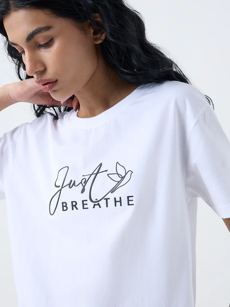 Studiofit White Text Printed Cotton T-Shirt - Image 3