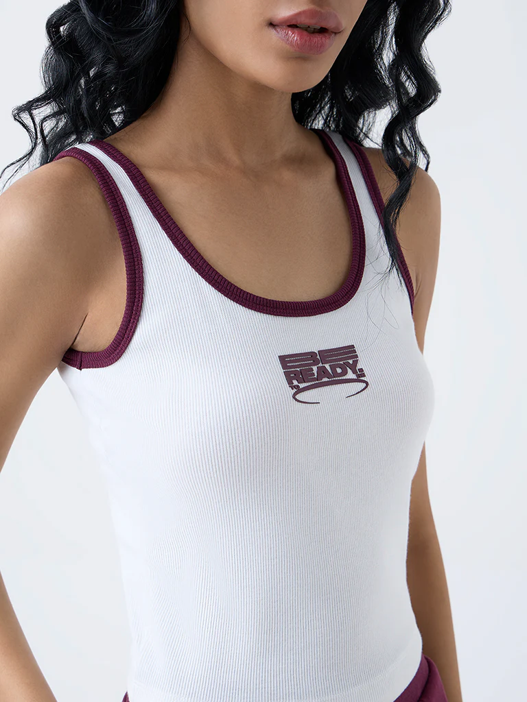 Studiofit White Typographic Ribbed Top - Image 3