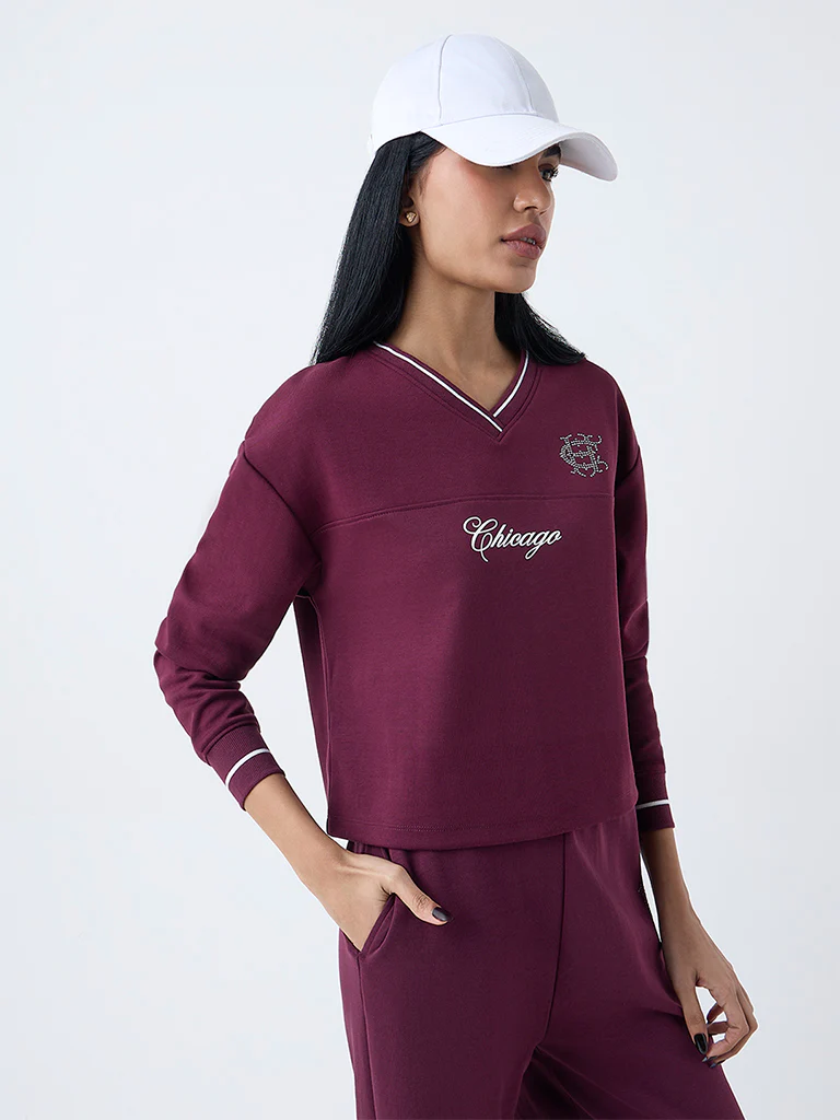 Studiofit Wine Text Pattern Cotton-Blend T-Shirt - Image 2