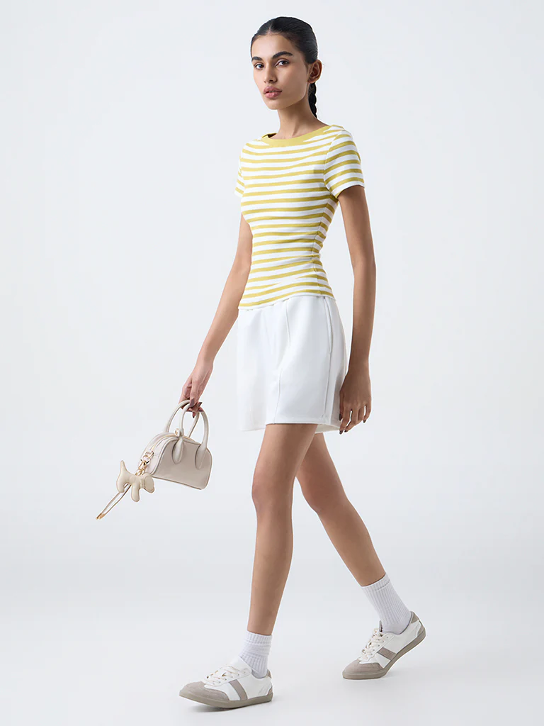 Studiofit Yellow Striped Cotton-Blend T-Shirt