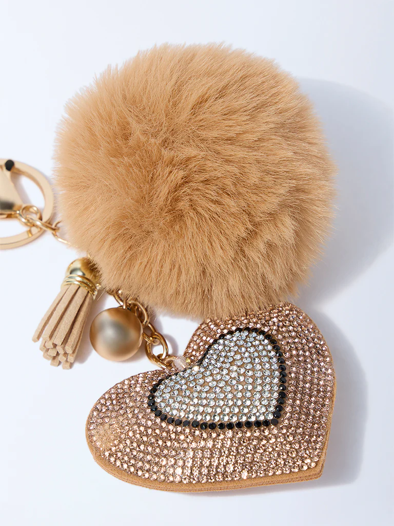 Studiowest Beige Heart Bedazzled Pom Pom Bag Charm - Image 2