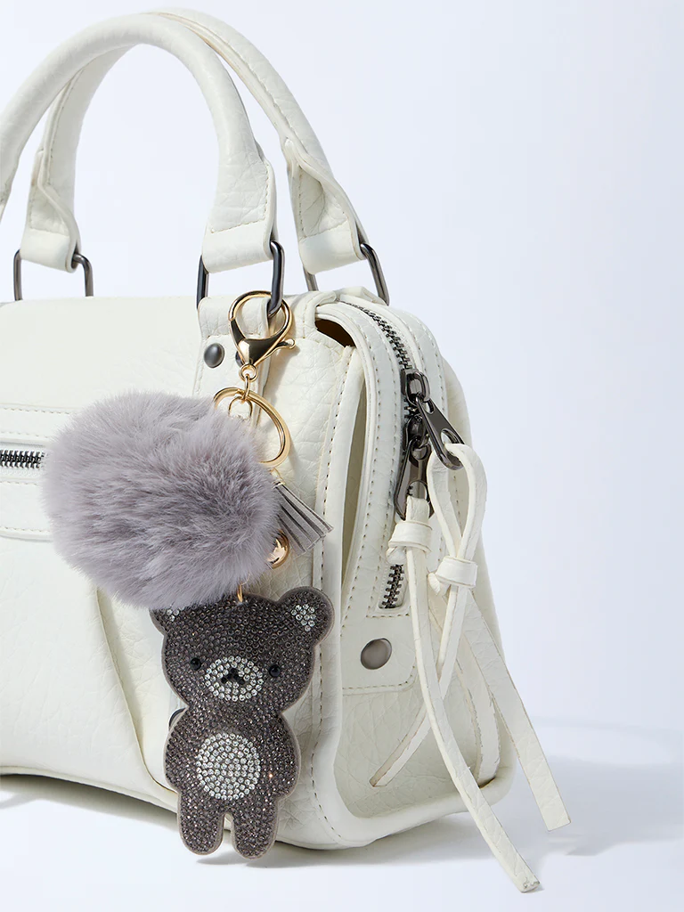 Studiowest Grey Teddy Bedazzled Pom Pom Bag Charm - Image 3