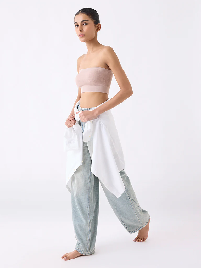 Superstar Beige Ribbed Seam-Free Padded Bandeau Bra - Image 2