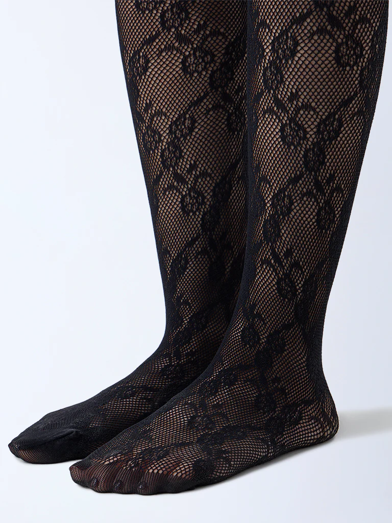 Superstar Black Floral Lace Detailed Fishnet Stockings - Image 2